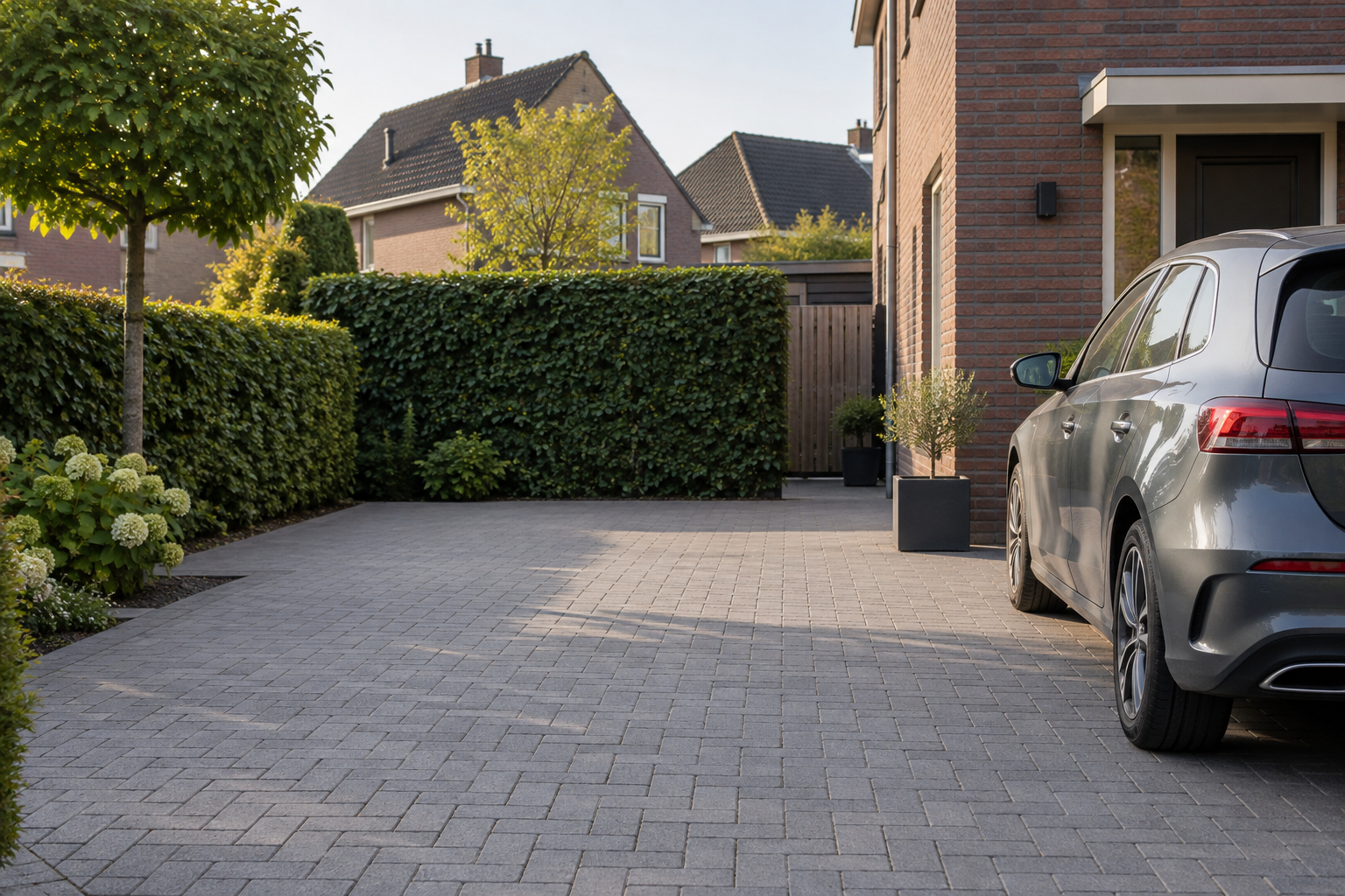 Ruime oprit met geparkeerde auto en groene haag